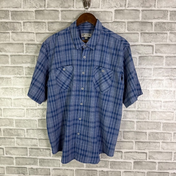 Orvis Cobalt Blue Plaid 100% Polyester Button Up Short Sleeve Shirt Mens XL - Picture 2 of 7